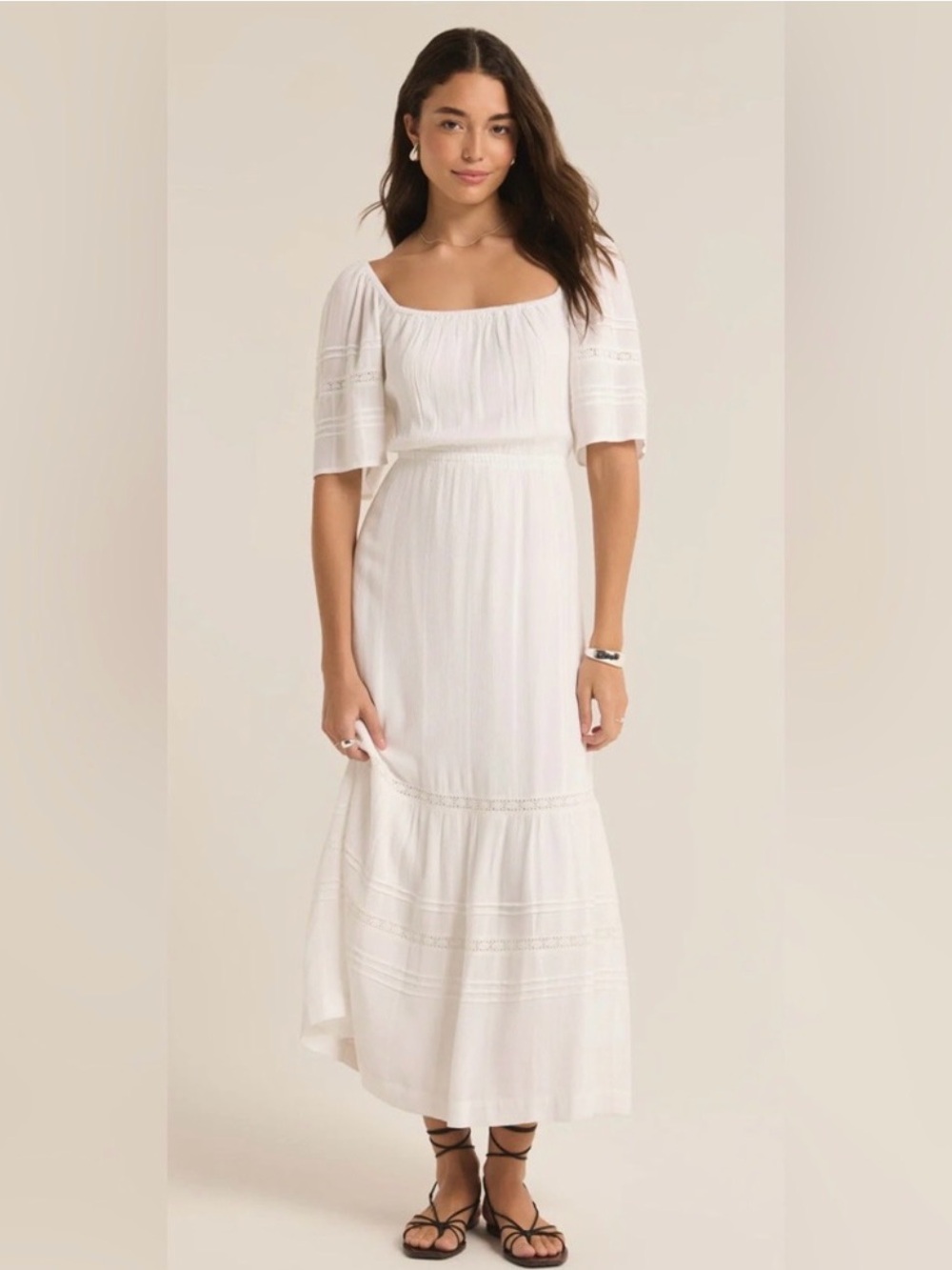 Z Supply White Square-Neck Maxi Dress with Puff Sleeves